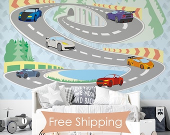 Race Car Peel and Stick Wallpaper Boy's Room Removable Wall Mural