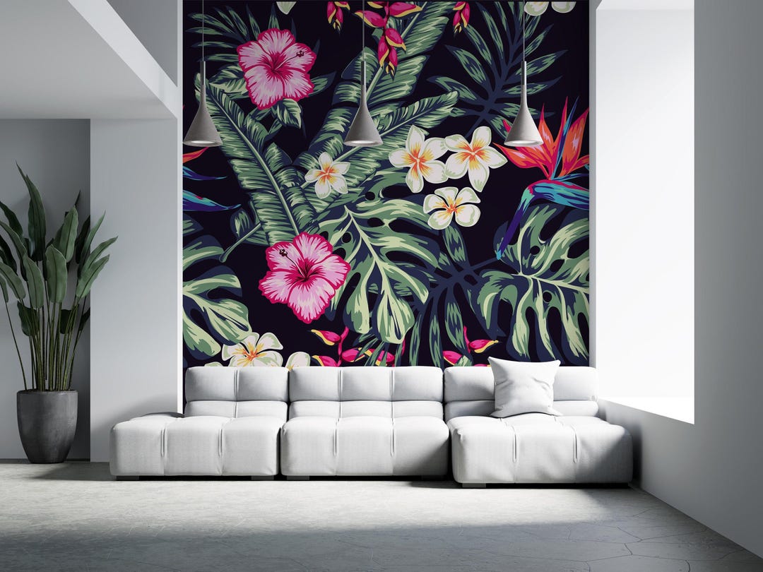 Dark Tropical Floral Peel and Stick Wallpaper Mural - Etsy