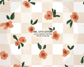 Beige Checkered Floral Seamless Pattern | 2 Digital paper PNG Files | 300 DPI Retro Gingham Flower Background | Digital Download