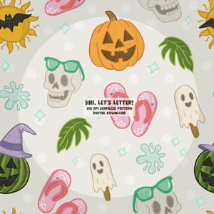 Pastel Summerween Seamless Pattern: Halloween Beach Vibes PNG (Digital Download)