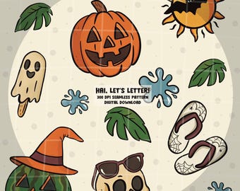 Summerween Seamless Pattern PNGs | Halloween Beach Digital File | 300 DPI Sublimation & Printing Files