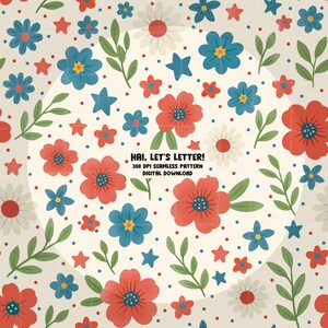 4th of July Dotted Floral Seamless Pattern PNG | Red White Blue Flowers | Patriotic Digital File 300 DPI Instant Download