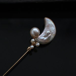 Luna Pearl Hat Pin,lapel Stick Pin Brooch,Pearl Shawl Pin Brooch,Pearl Stick Hat Pin,Pearl Lapel Pin Brooch,Gift For Men,Moon Pearl