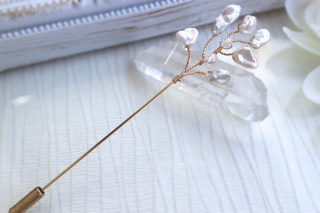 Pearl Shawl Pin Brooch, Keshi Pearl Hat Pin, Pearl Lapel Pin, Genuine