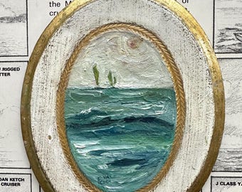 Original Oil Seascape Painting of Boats, Painted on Vintage Florentine Plaque