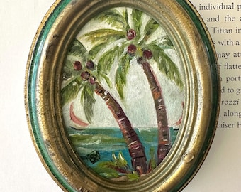 Palm trees oil painting, Framed in Vintage Green and Gold Florentine Oval Frame