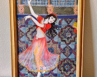 Vintage Qajar Dancing Woman Print Framed in Vintage Gold Frame