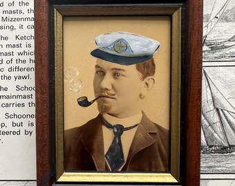 Antique Painted Smoking Sea Captain Photograph, Framed in a Vintage Wood Frame
