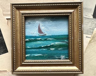 Original Oil Seascape Painting with Sailboat, Framed in a Vintage Gold Square Frame