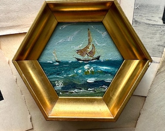 Original Oil Seascape Sailboat Painting with Seagulls, Framed in a Vintage Gold Hexagon Frame