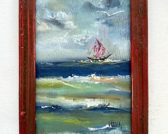 Seascape Oil Painting with Sailboats Framed in Vintage Chippy Reddish Brown Frame