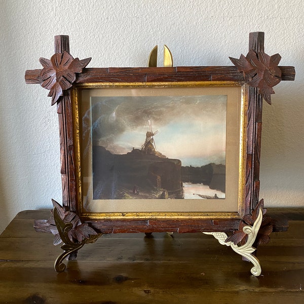 Antique Hand-Tinted Photograph of Windmill Framed in Adirondack Wooden Frame