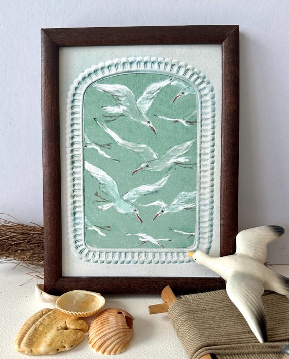 Seascape Seagull Print of Original Painting with Faux Antique Mat