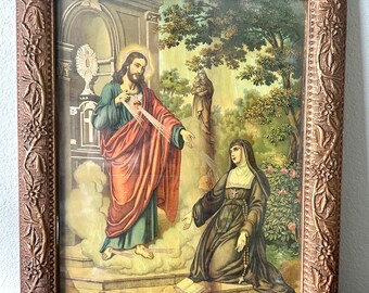 Antique Chromolithograph Print of Jesus: Sacred Heart Vision, Ornate Gold Frame