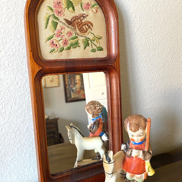 Vintage Wooden and Embroidered Mirror