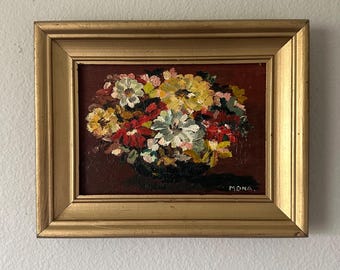 Vintage Midcentury Impasto Flower Still Life Painting, Framed in Vintage Gold Frame