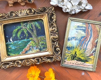 Original Tropical Seaside Painting in Vintage Gold Plaster Frame. Tropical Foliage Print Included.
