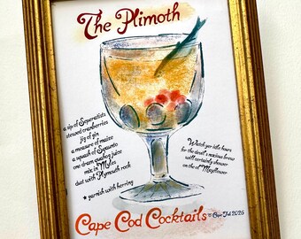 Plymouth cocktail print, Plymouth art, Cape Cod  cocktail print, bar art, cottage art, cocktails, kitchen art