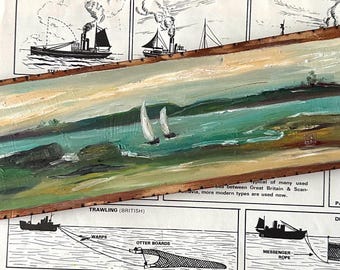 Original Oil Seascape Painting with Sailboats, Painted on Vintage Wooden Board