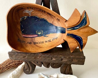 Bandeja decorativa de madera con forma de ballena, pintada a mano, estilo vintage