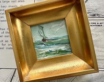 Original Oil Seascape Painting with Seagulls, Framed in a Vintage Gold  Wooden Square Frame