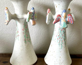 Vintage Pottery Bird Multi Colored Vases Candleholders