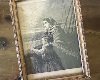 Antique Engraving of Woman and Child Gazing at Sea Framed in Vintage Gold Frame