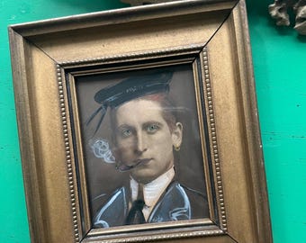 Antique Painted Smoking Man Sailor Photograph, Framed in a Vintage Gold Frame