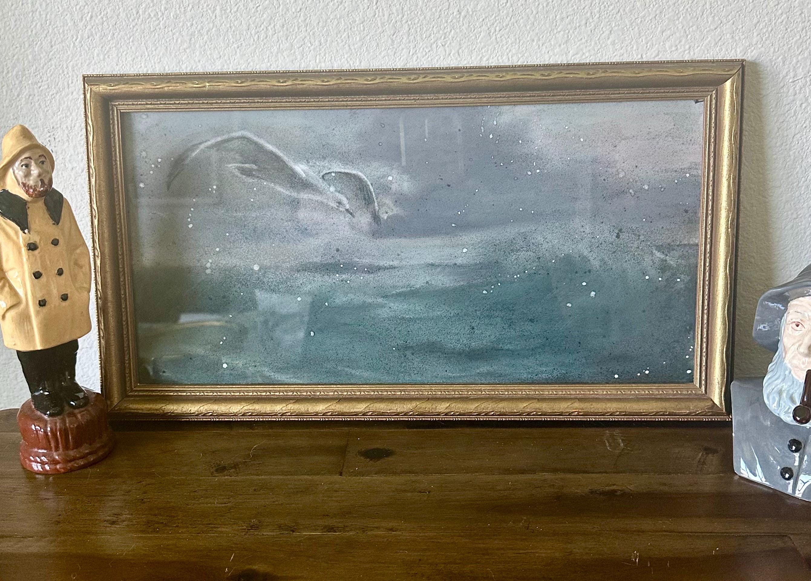 Vintage Pastel of Seagull Flying Above Ocean Waves, Framed in a Gold Frame