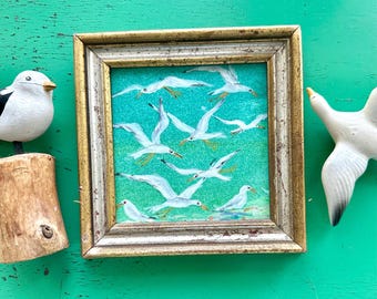 Original Gouache Seagull Painting, Framed in Vintage Gold Silver Wood Frame