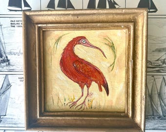 Original Oil Folk Art Painting of Scarlet Ibis, Framed in Vintage Gold Frame