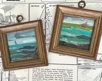 Pair of Miniature Modern Oil Seascapes with Sailboats, Framed in Vintage Gold Frames