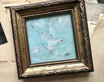 Original Oil Seascape Seagull Painting, Framed in a Vintage Gold and Black Square Frame