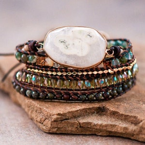 5-Wrap Leather Cord Bracelet with Beaded Natural Stones: Healing, Meditation, and Spiritual Jewelry