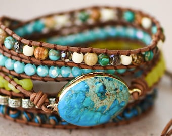 Leather Cord 5-Wrap Bracelet: Spiritual Gemstone Energy, Holistic Healing, and Crystal Meditation