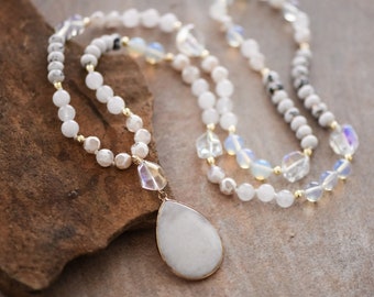 Boho Jewelry with Crystal Stones, White Quartz Necklace, Mixed Gemstone Necklace, Teardrop Pendant Long Necklace, Knotted Beaded Necklace