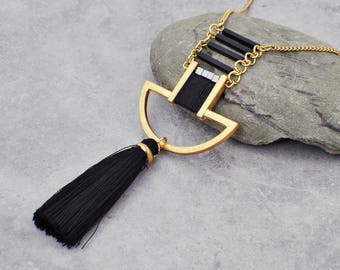 Boho Tassel Pendant Necklace, Long Gold Chain, Bohemian Jewelry
