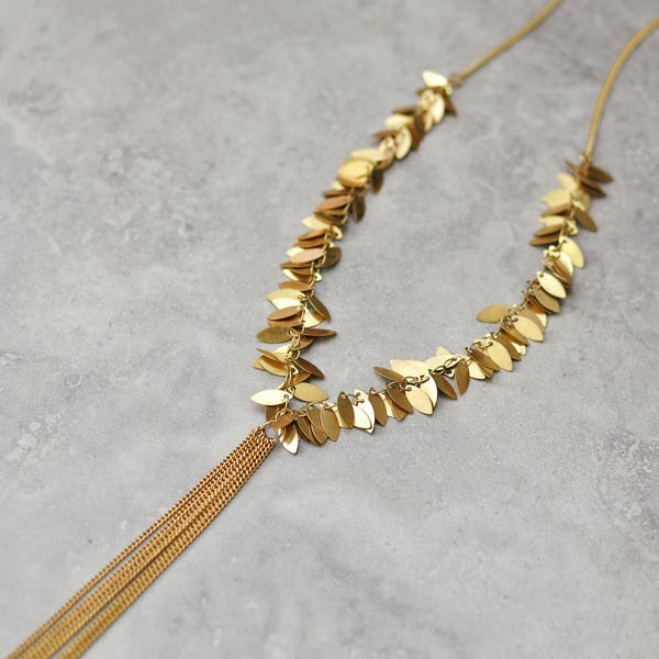 Gold necklace, long necklace, tassel necklace, lariat necklace, Y necklace, boho necklace, bohemian necklace, leaf cluster necklace