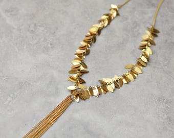 Gold necklace, long necklace, tassel necklace, lariat necklace, Y necklace, boho necklace, bohemian necklace, leaf cluster necklace