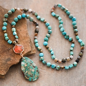 Turquoise Imperial Jasper Necklace, Sea Sediment Stone Pendant Necklace, Gemstone of Stability, Healing Crystal Protection Necklace Gift