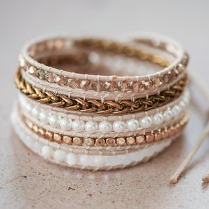 Mix-media Beaded Wrap Bracelet, Boho Wrap Bracelet with Gemstones, Crystals, Pearls, Pearl Bracelet, Boho Cream & Gold Cord Wrap Bracelet