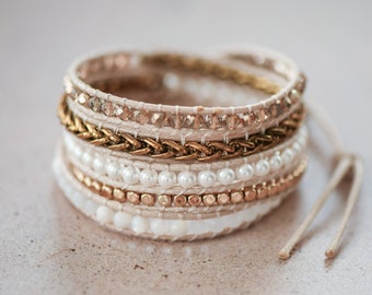 Mix-media Beaded Wrap Bracelet, Boho Wrap Bracelet with Gemstones, Crystals, Pearls, Pearl Bracelet, Boho Cream & Gold Cord Wrap Bracelet