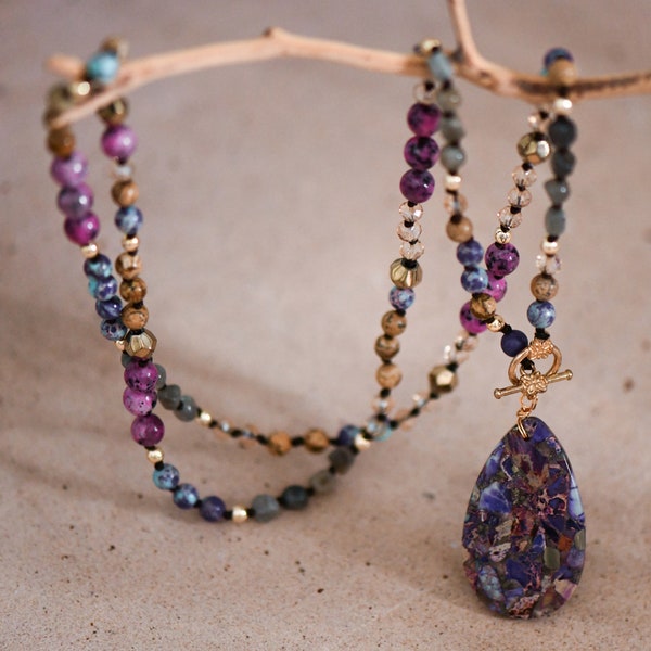 Sea Sediment Jasper Boho Long Necklace, Knotted Bead Bohemia Necklace, Healing Crystal Beaded Necklace, Stability Protection Necklace Gift