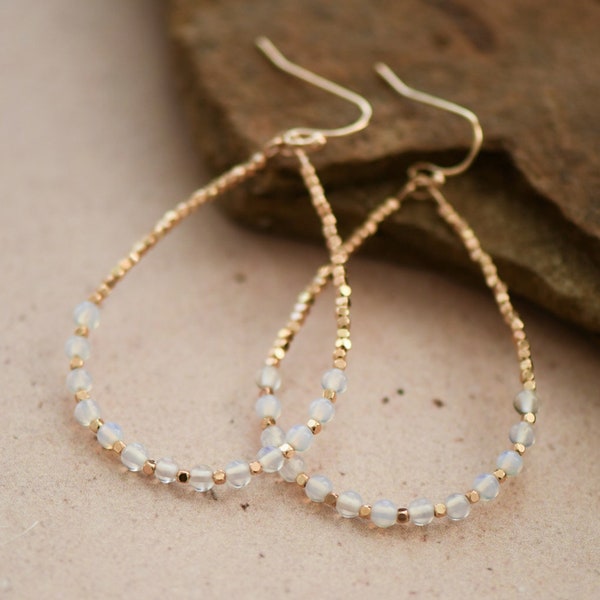 Opal Stone Earrings, Boho Teardrop Earrings, Wire Beaded Earrings: Spiritual Gemstone Energy, Holistic Healing & Crystal Meditation