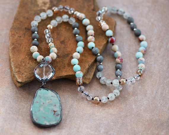 Blue Aqua Terra Sea Sediment Jasper Necklace, Healing Crystal Gemstone Necklace, Inner Peace, Emotional Balance, Clarity Necklace Gift