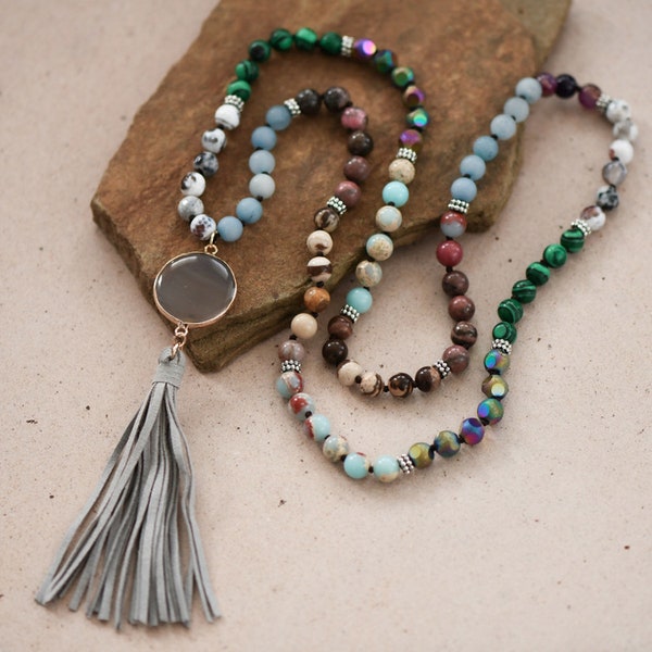 Boho Necklace, Tassel Necklace Bohemian, Long Necklace, Healing Crystal Stone, Sea Sediment Jasper, Aquamarine, Green Malachite, Boho Stone