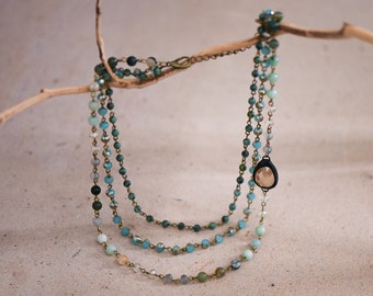 Green Crystal Necklace, Layering Necklace, Layered Necklace, Multi Strand Necklace, Multi Layer Necklace, Boho Necklace, Beaded Necklace