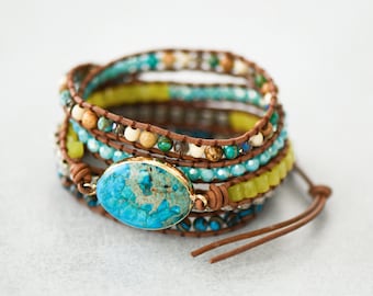 Wrap Bracelet, Beaded Bracelet, Turquoise Stone Bracelet, Semi Precious Stone Bracelet, Healing Stone Bracelet, Healing Crystal Bracelet
