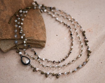 Brown Crystal Necklace, Beaded Necklace, Boho Necklace, Multi Strand Necklace, Triple Layered Necklace, Layering Statement Bib Necklace