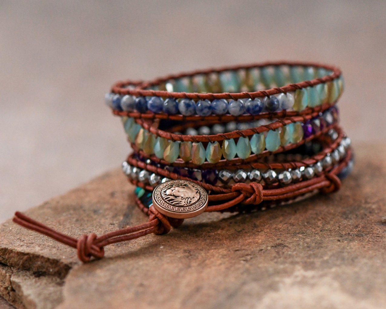Stunning 5-wrap Leather Cord Bracelet, Assorted Mixed Beaded
